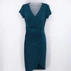 Faux Wrap V-Neck Teal Summer Midi Dress - Sz. S